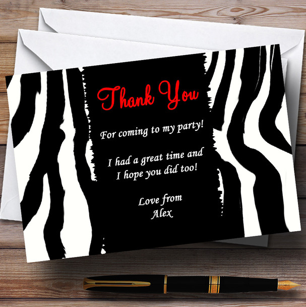 Zebra Print Red Text Personalised Party Thank You Cards