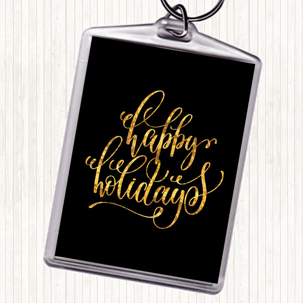 Black Gold Christmas Happy Holidays Quote Bag Tag Keychain Keyring