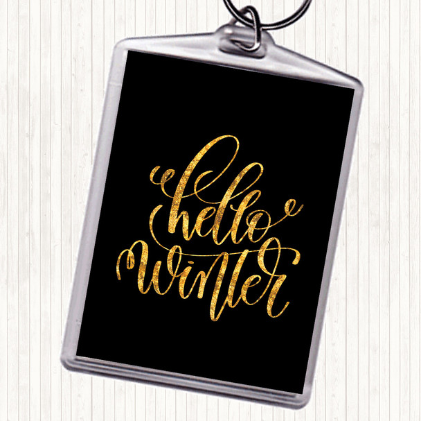 Black Gold Christmas Hello Winter Quote Bag Tag Keychain Keyring