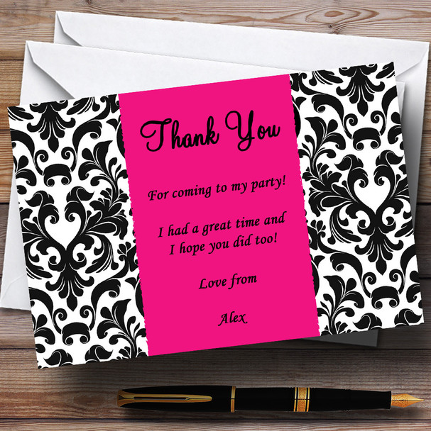 Black, White & Pink Damask Personalised Party Thank You Cards