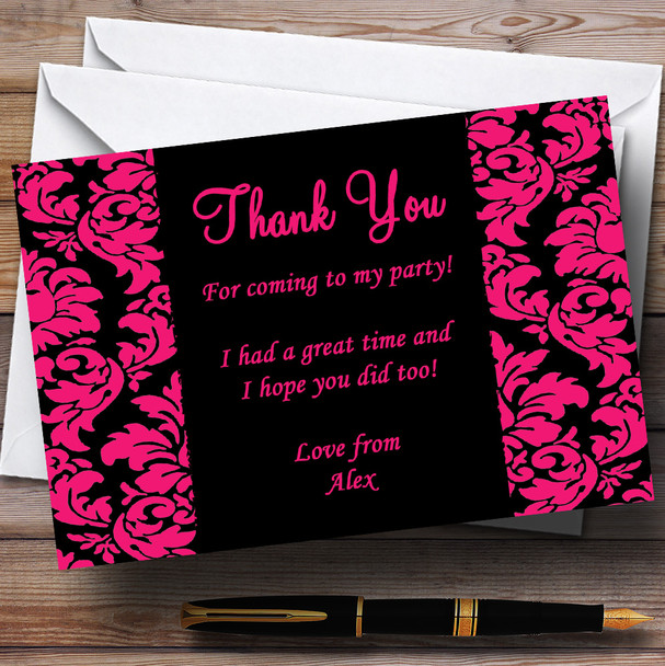 Stunning Floral Black Pink Damask Personalised Party Thank You Cards