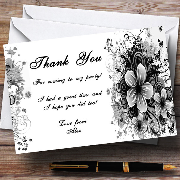 Black White Flowers Butterfly Personalised Party Thank You Cards