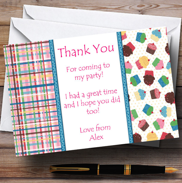 Pretty Cupcake Chequered Vintage Tea Personalised Party Thank You Cards