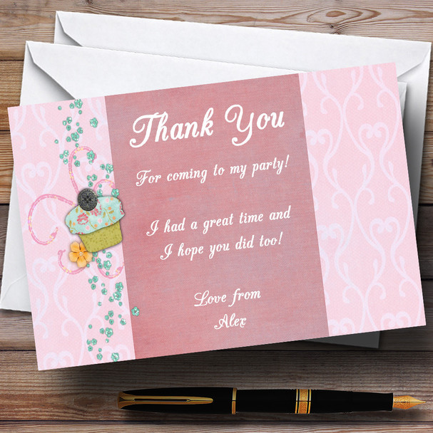 Pretty Pink Cupcake Vintage Tea Personalised Party Thank You Cards