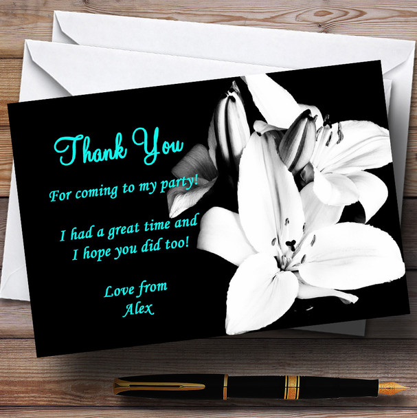 Stunning Lily Black White Turquoise Personalised Party Thank You Cards