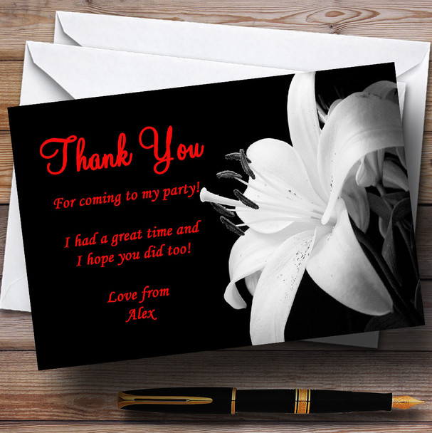 Stunning Lily Flower Black White Red Personalised Party Thank You Cards