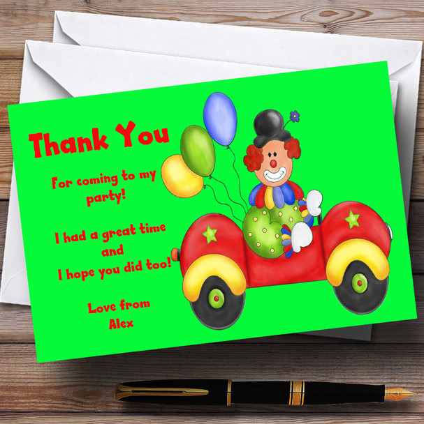 Green Clown In Car Personalised Children's Party Thank You Cards