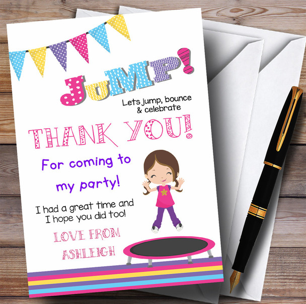 Brunette Girl Trampoline Party Thank You Cards