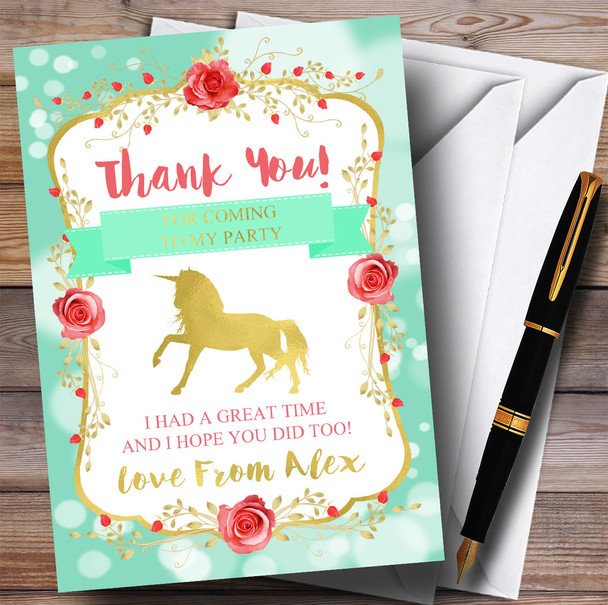 Green Unicorn Party Thank You Cards