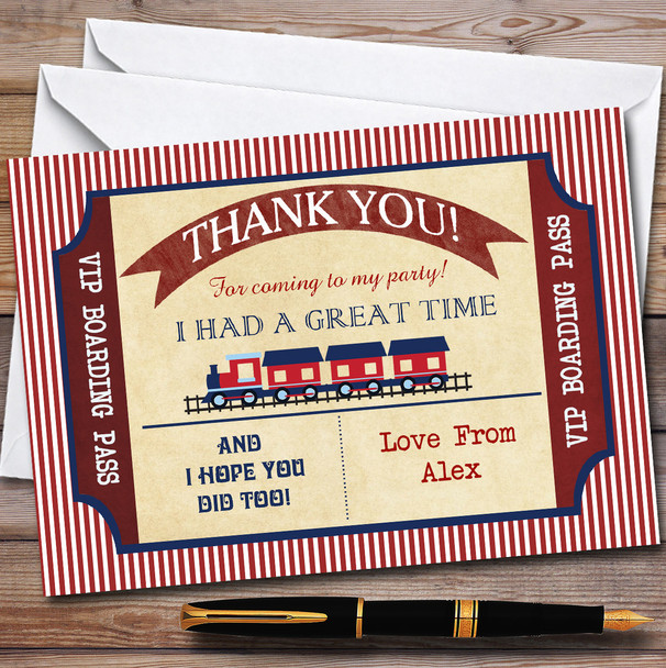 Red & Blue Boarding Pass Train Party Thank You Cards