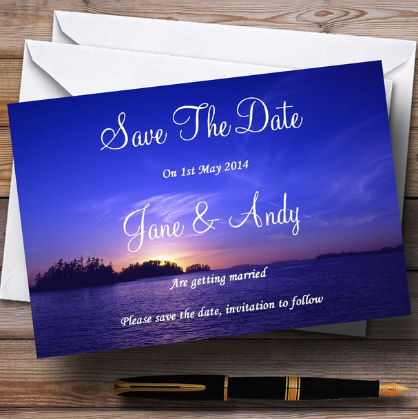 Beautiful Blue Purple Sunset Beach Personalised Wedding Save The Date Cards