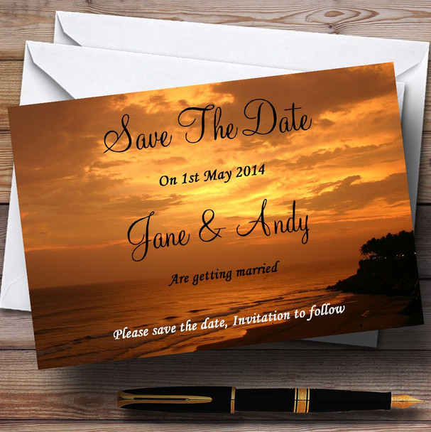 Lovely Beach At Sunset Jetting Off Abroad Personalised Wedding Save The Date Cards