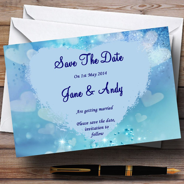 Pale Blue Love Hearts Personalised Wedding Save The Date Cards