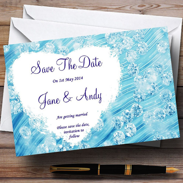 Pale Baby Blue Crystals Pretty Personalised Wedding Save The Date Cards