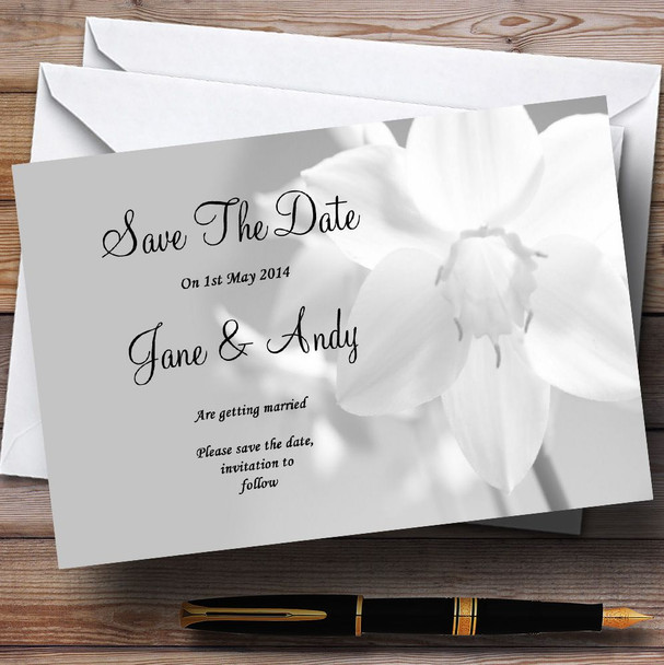Grey White Daffodil Personalised Wedding Save The Date Cards