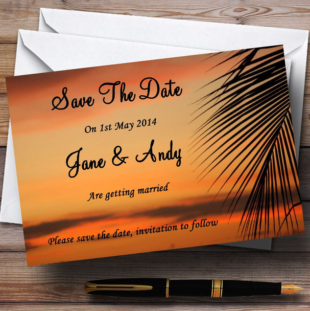 Palm Tree Sunset Jetting Off Abroad Personalised Wedding Save The Date Cards