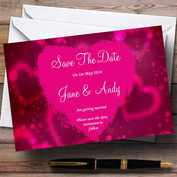Hot Pink Hearts Personalised Wedding Save The Date Cards