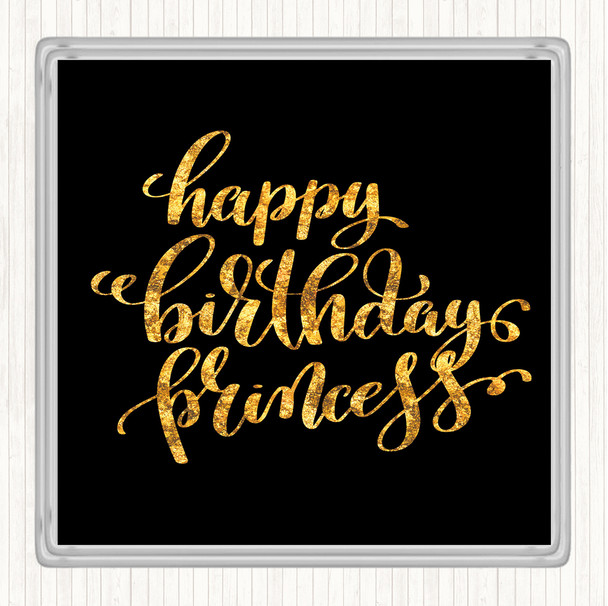 Black Gold Happy Birthday Princess Quote Drinks Mat Coaster