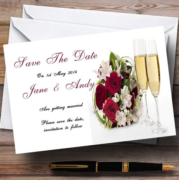 Red Rose Champagne Personalised Wedding Save The Date Cards