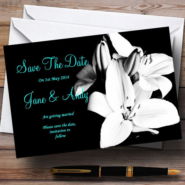Stunning Lily Black White Turquoise Personalised Wedding Save The Date Cards