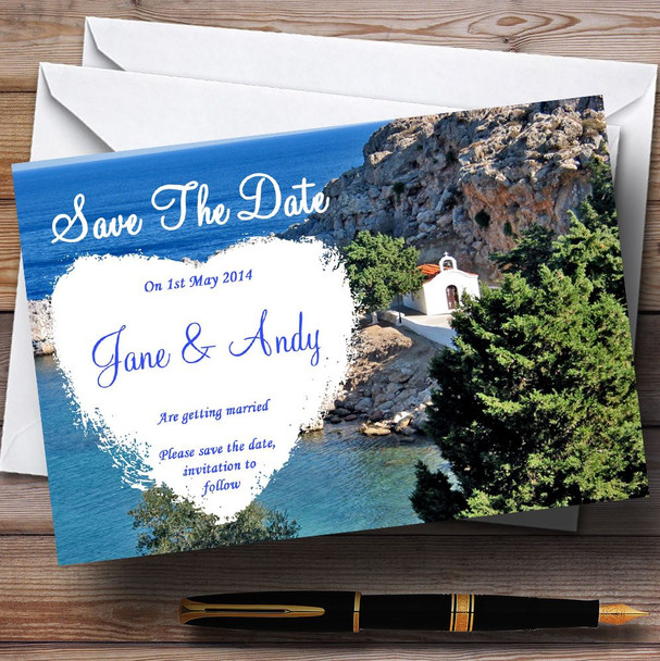 Heart St Pauls Lindos Rhodes Jetting Off Abroad Personalised Wedding Save The Date Cards