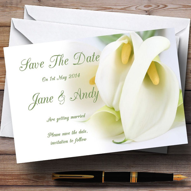 Stunning White Lily Green Personalised Wedding Save The Date Cards