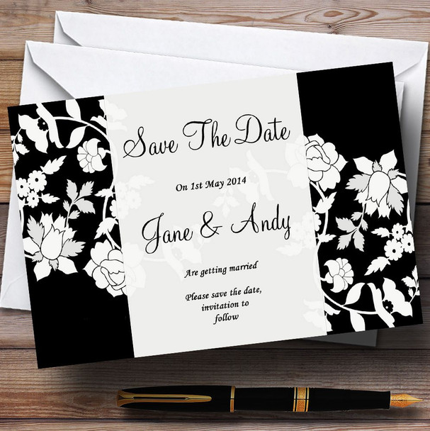 Black And White Floral Flower Personalised Wedding Save The Date Cards