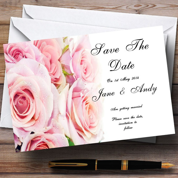 Gorgeous Pastel Pink Wet Roses Personalised Wedding Save The Date Cards