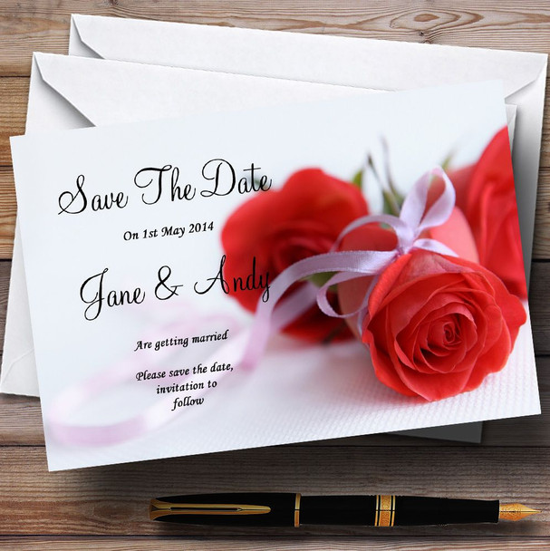 Red Rose & White Ribbon Personalised Wedding Save The Date Cards