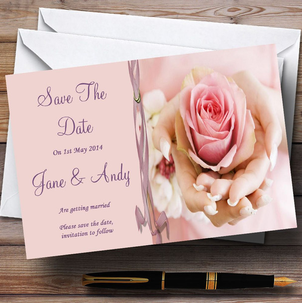Pink Lilac Wedding Flower In Hand Personalised Wedding Save The Date Cards