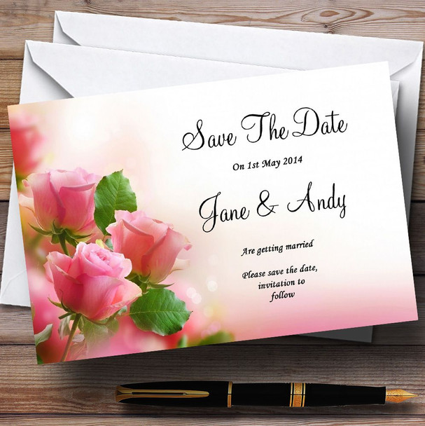 Beautiful Soft Pink Pastel Roses Personalised Wedding Save The Date Cards