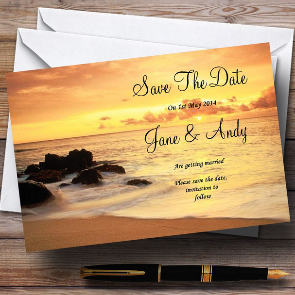 Beautiful Sunset Beach Jetting Off Abroad Personalised Wedding Save The Date Cards