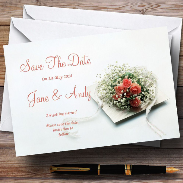Peach Coral Rose  Personalised Wedding Save The Date Cards