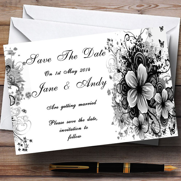 Black White Flower Butterfly Personalised Wedding Save The Date Cards