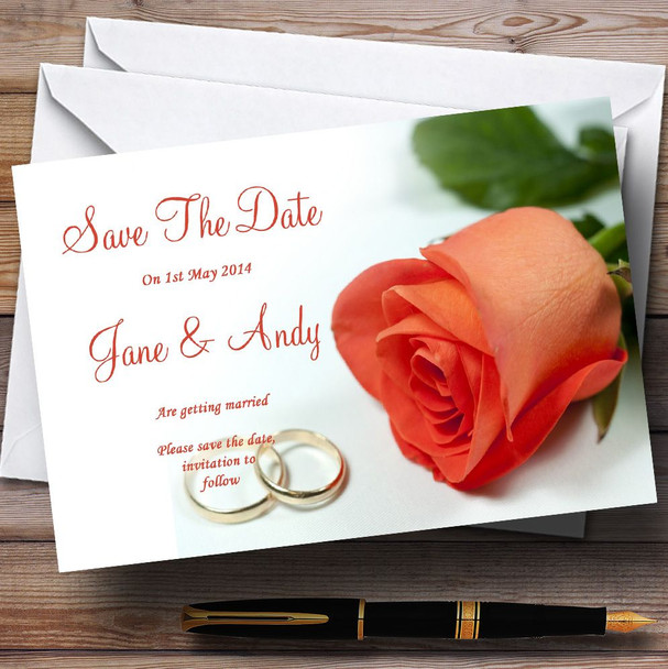 Orange Coral Peach Rose Rings Personalised Wedding Save The Date Cards