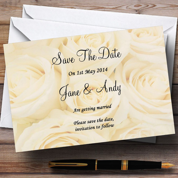 Pale Cream Ivory Roses Personalised Wedding Save The Date Cards