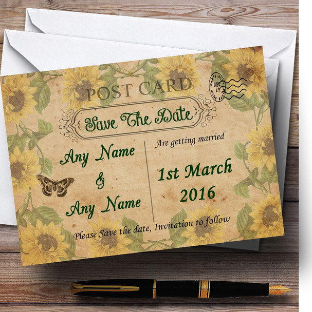 Sunflowers Vintage Shabby Chic Postcard Personalised Wedding Save The Date Cards