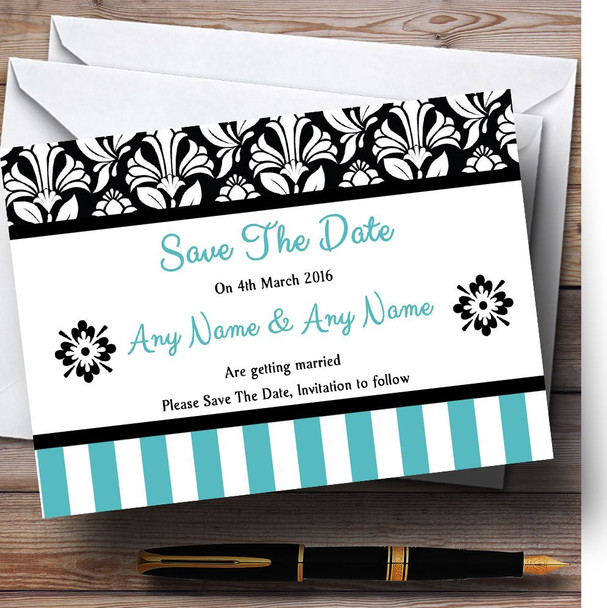 Damask And Aqua Stripes Personalised Wedding Save The Date Cards