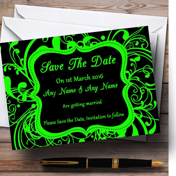 Black & Green Swirl Deco Personalised Wedding Save The Date Cards