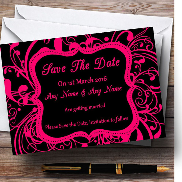 Black & Pink Swirl Deco Personalised Wedding Save The Date Cards