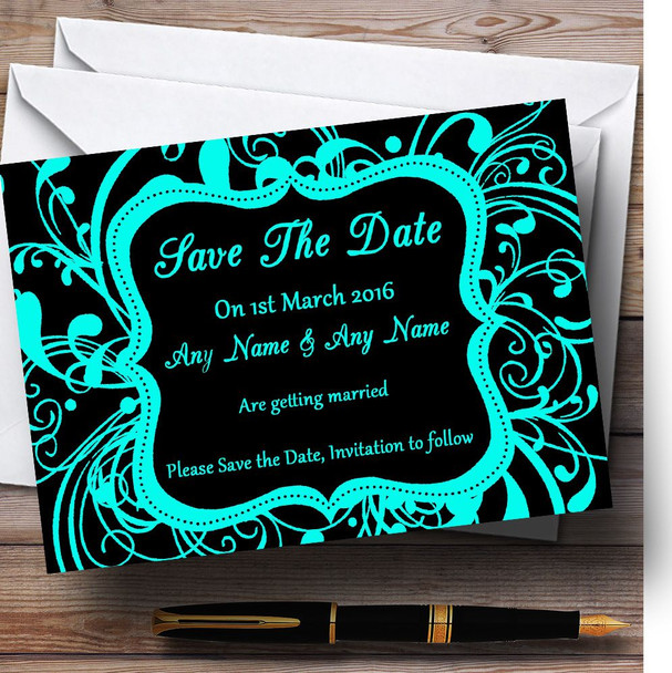 Black & Aqua Swirl Deco Personalised Wedding Save The Date Cards