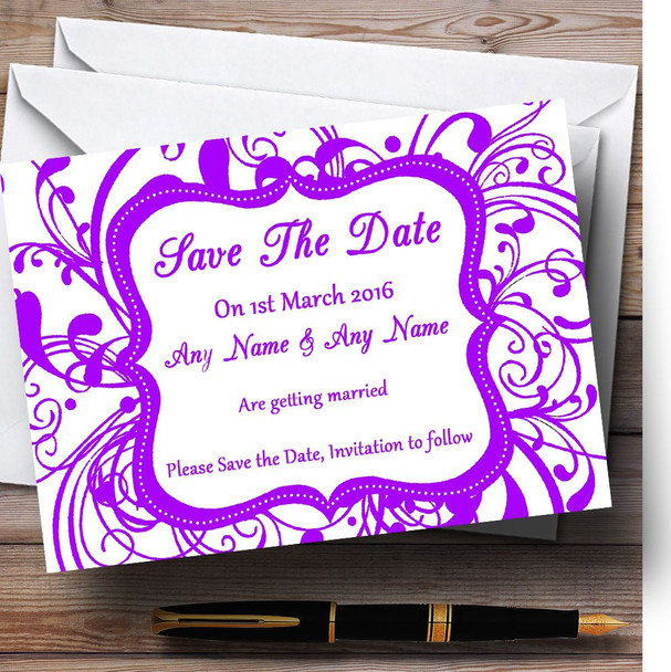 White & Purple Swirl Deco Personalised Wedding Save The Date Cards