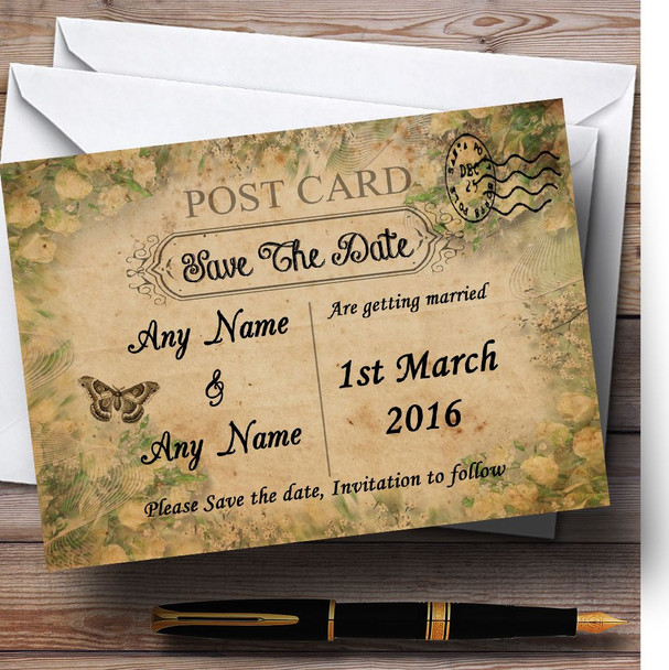 White Roses Vintage Shabby Chic Postcard Personalised Wedding Save The Date Cards