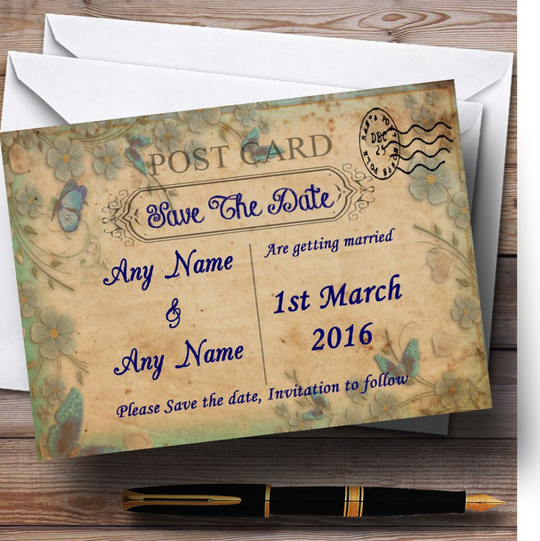 Blue Floral Vintage Shabby Chic Postcard Personalised Wedding Save The Date Cards