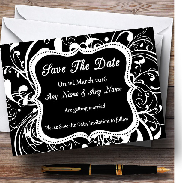 Black & White Swirl Deco Personalised Wedding Save The Date Cards
