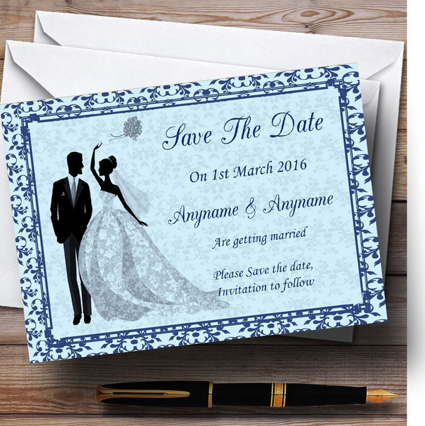 Blue Classic Vintage Personalised Wedding Save The Date Cards Blue Classic Vintage Personalised Wedding Save The Date Cards