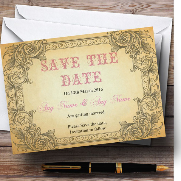 Typography Vintage Hot Pink Postcard Personalised Wedding Save The Date Cards