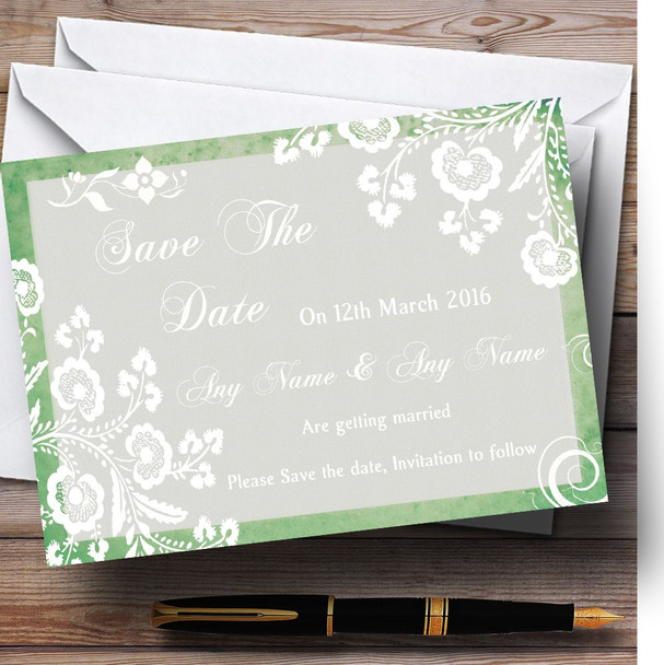 Rustic Green Lace Personalised Wedding Save The Date Cards