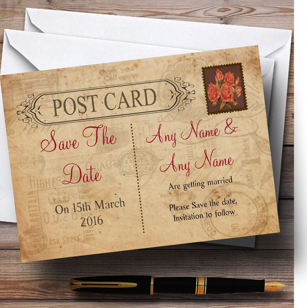 Shabby Chic Vintage Postcard Rustic Rose Stamp Personalised Wedding Save The Date Cards