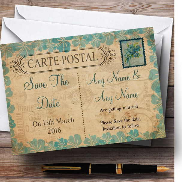 Shabby Chic Vintage Postcard Rustic Turquoise Stamp Personalised Wedding Save The Date Cards